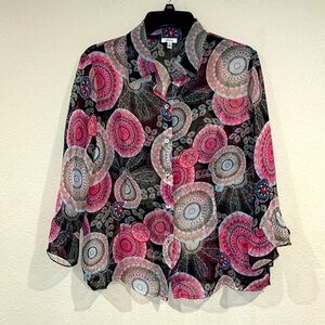 Nicola Vintage Sheer Button Up Blouse size Large contemporary abstract Boho